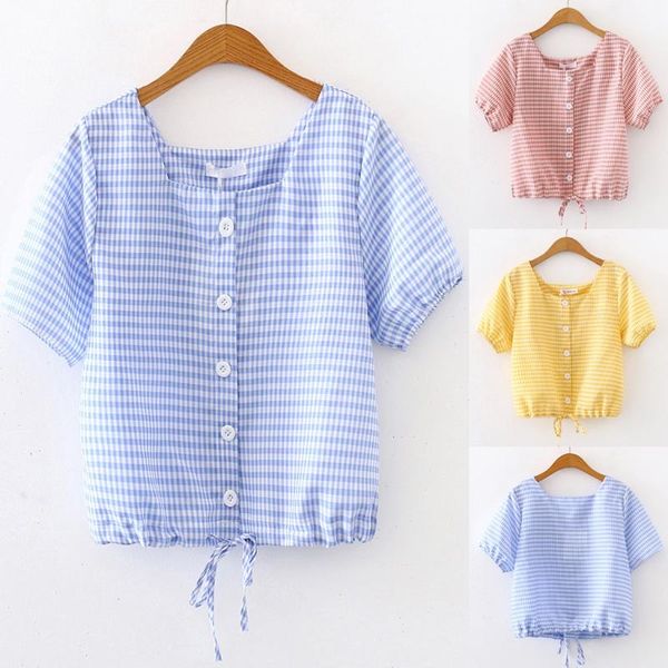 

fashion vintage v-neck short sleeve casual plaid blouse elegant summer women silky breathable lady french style blusas mujer women's bl, White