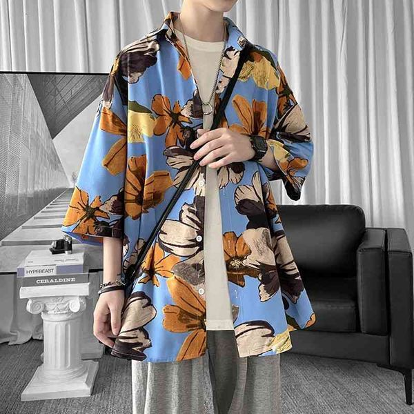 

men's casual shirts summer short-sleeved fashion printed men streetwear korean loose flower mens hawaii -2xl 2dxa, White;black