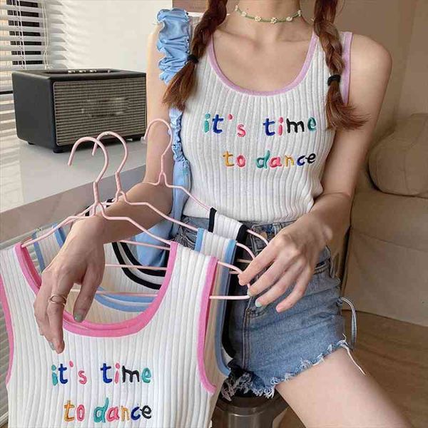 

embroideried letters knit crop tshirts summer womens patchwork round collar camisole sleeveless cropped tees girls, White