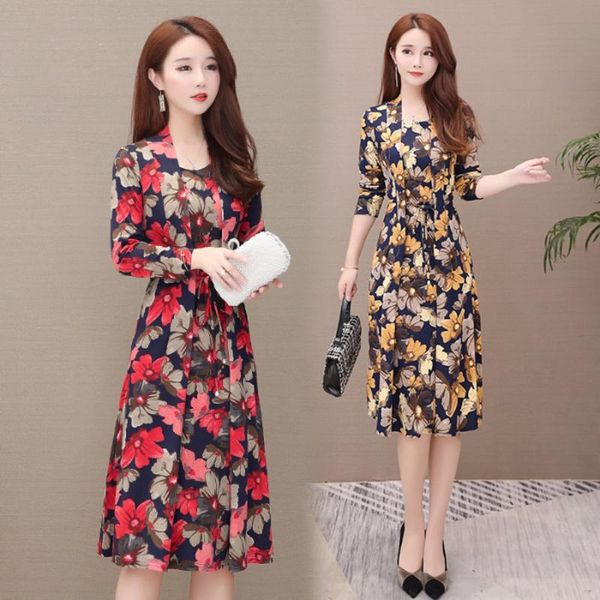 

casual dresses autumn fashion winter women loose plus size elegant dress long sleeve print fake two pieces, Black;gray