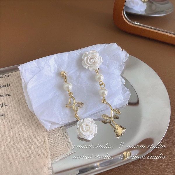 

hoop & huggie super mori rose flower asymmetric earrings ~ sweet butterfly ins internet influencer long style ear stud, Golden;silver