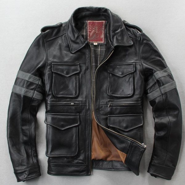 

men's leather & faux genuine mens jacket light luxury male bomber moto biker fashion tough guy spring autumn cowhide coats gun, Black