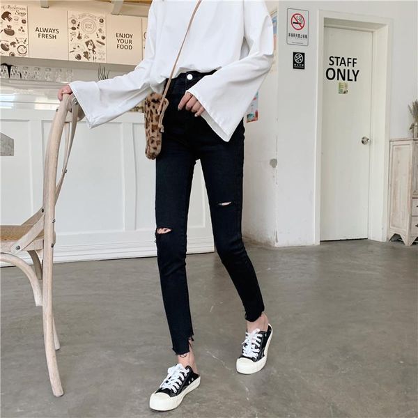 

jeans women black hole ankle-length high-waist elegant pencil trousers womens skinny all-match casual streetwear korean style women's, Blue