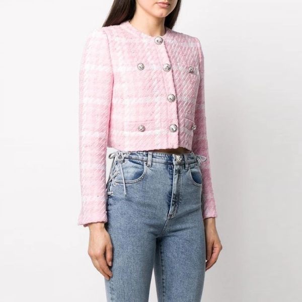 

women's jackets european and american catwalk high-quality diamond buckle pink tweed jacket 6076, Black;brown