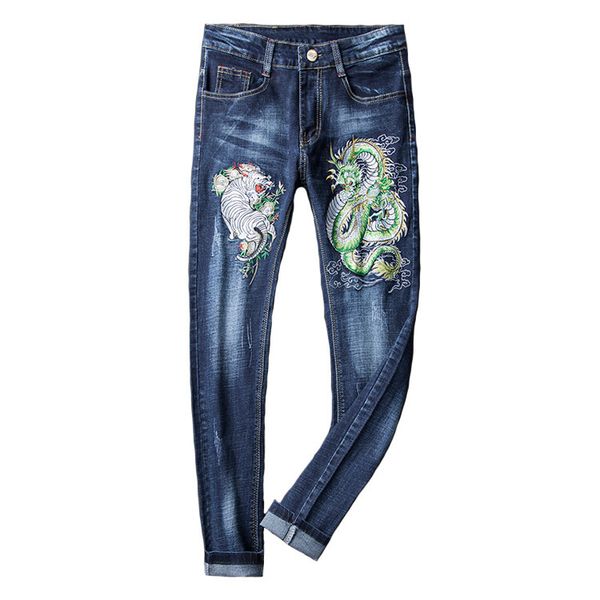 

men's pants chinese style embroidery slim fit jeans spring, Black