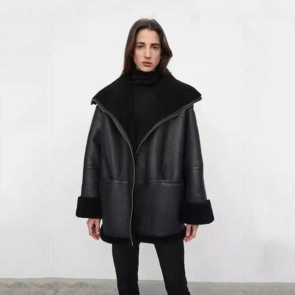 

women's fur & faux winter coat women regular length thick warm natural real merino sheep jacket plus size turn-down collar clothes casu, Black