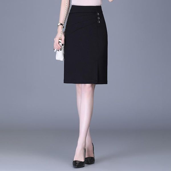 

black knee-length formal work pencil skirt women fashion high waist slim casual plus size button elegant bodycon skirts 8398