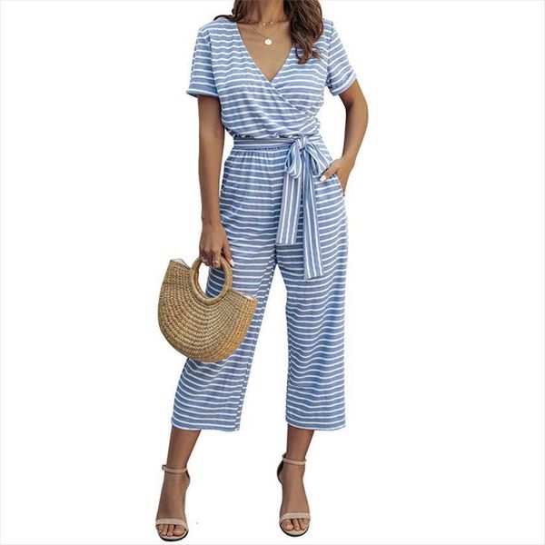 

fashion summer short sleeve women rompers v neck striped casual slim fitting long trousers sashes simple playsuit, Black;white