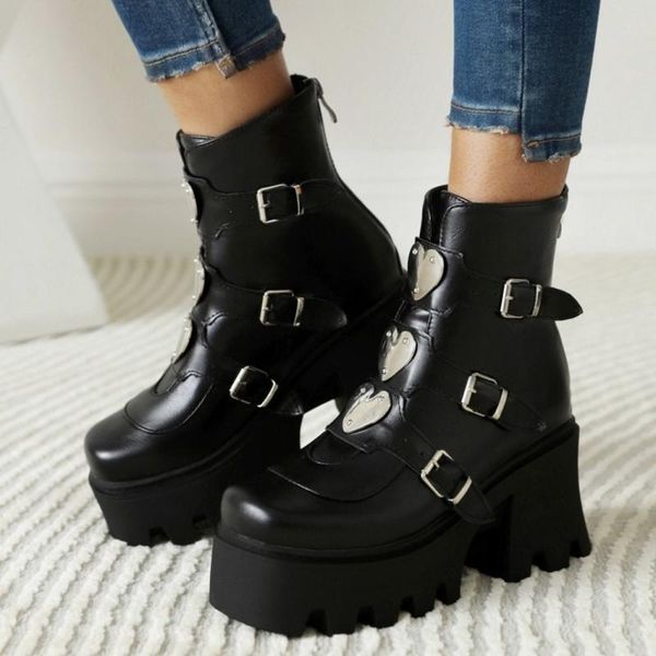 

boots olome womens platform ankle metal heart belt buckle chunky high heel shoes punk motorcycle jk black plus big size 44 45