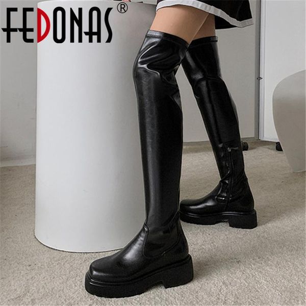 

boots fedonas square heeled women over-the-knee platforms stretch slim long autumn winter fashion concise shoes woman, Black