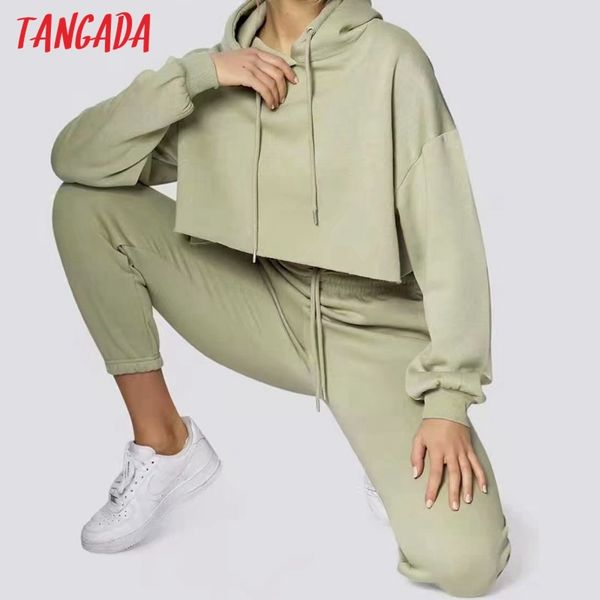 

spring women tracksuit thick fleece 95% cotton suit 2 pieces sets crop hoodies sweatshirt and pants suits ch09 210416, White