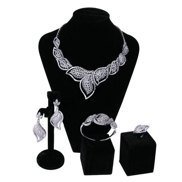 

earrings & necklace luxury women wedding jewelry sets setting cubic zircon 4pcs ( + bracelet ring), Silver