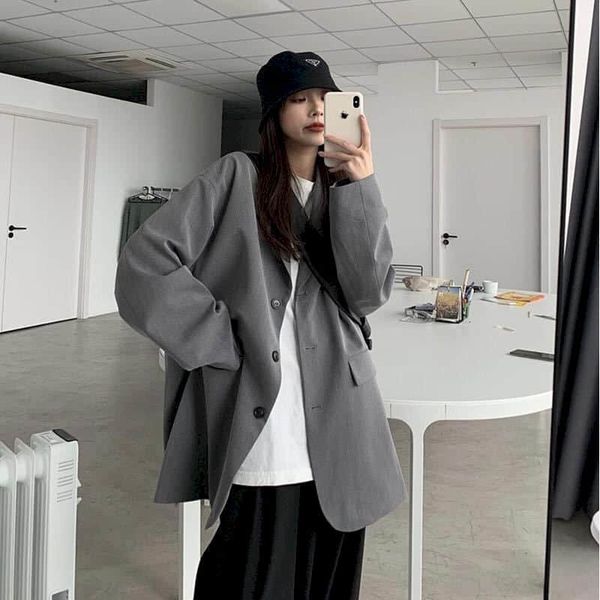 

women's suits & blazers female blazer concise vintage jacket spring fashion korean high street harajuku oversize retro casual black sui, White;black