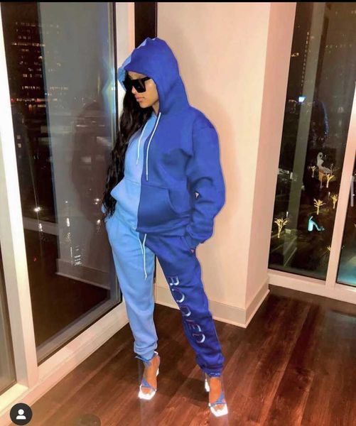 

women's two piece pants fashion casual loose long-sleeved hooded sweatshirt color matching elastic waist trousers sportswear suit, White