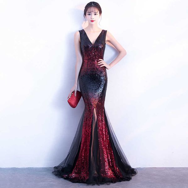 

luxury evening dress 1378 long deep v sequin fishtail prid over the performance, nightclub , annual party, banquet car model evening, Black;gray