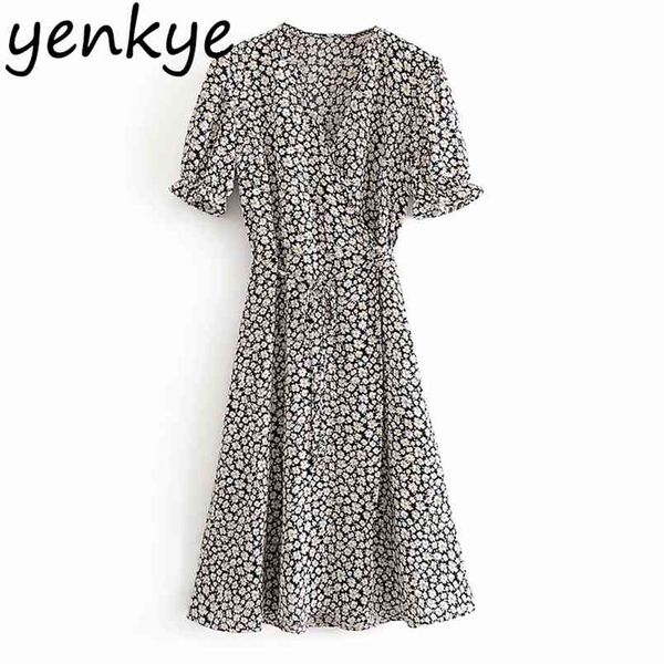 Vintage Daisy stampa floreale Wrap Dress Women Cross scollo a V manica corta Sundress robe femme A-line Midi Elegant Lady Summer 210514