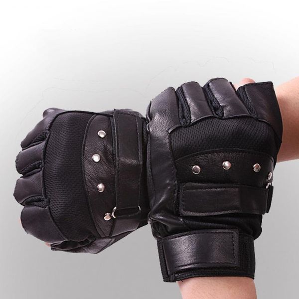 

cycling gloves outdoor half finger belt rivet anti-sweat pu breathable sports bike bicycle, Black