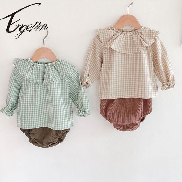 

engepapa spring autumn born baby girls clothes suit long sleeve cotton plaid t-shirt+pp shorts infant clothing sets, White