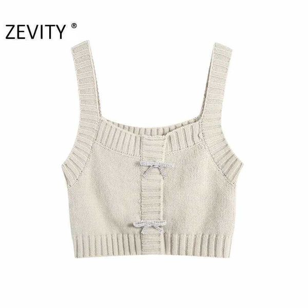 

zevity women fashion faux diamond bow decoration knitted sling sweater female spaghetti strap short vest chic crop s469 210603, White