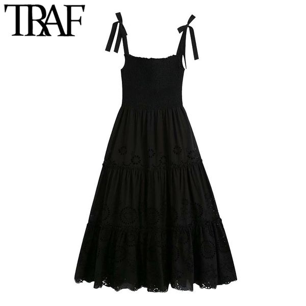 

traf women chic fashion hollow out embroidery ruffled midi dress vintage smocked detail tied wide straps female dresses 210415, Black;gray