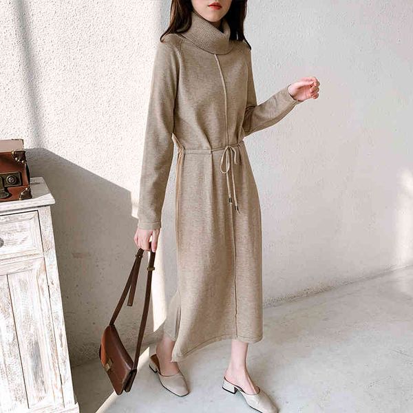

winter solid receive waist straight dresses ladies vintage long sleeve loose turtleneck knitting dress women 210514, Black;gray