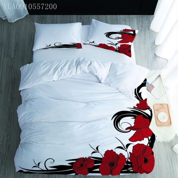 

bedding sets 3d red flower soft duvet cover pillowcase printing white bedclothes  king bed linen 230x220