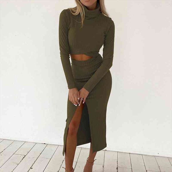 

autumn and winter womens t-shirt high waist split skirt two-piece female long-sleeved split tight hip skirt sexy, White