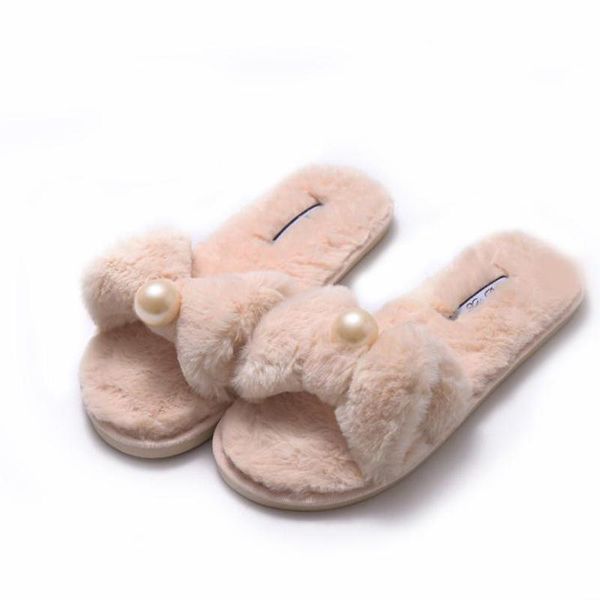 

slippers autumn women home shoes bow pearl flip-flops plus velvet warm trendy comfortable soft indoor cotton drag, Black