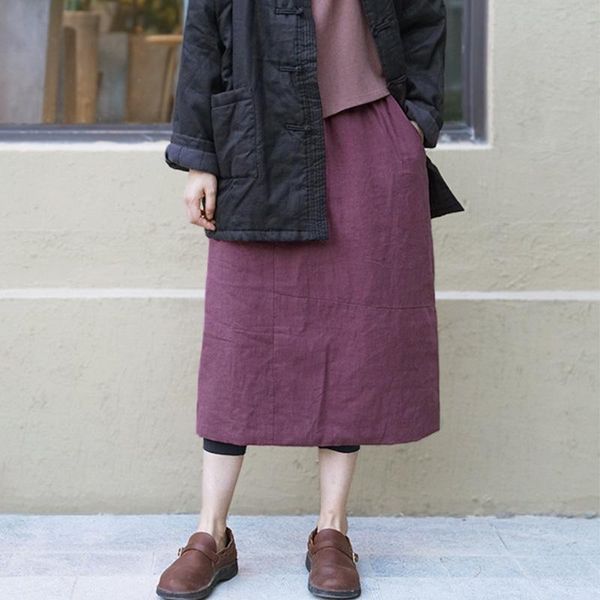 

skirts scuwlinen 2021 winter women vintage solid elastic waist all-match thick warm cotton quilted jupe femme p160, Black