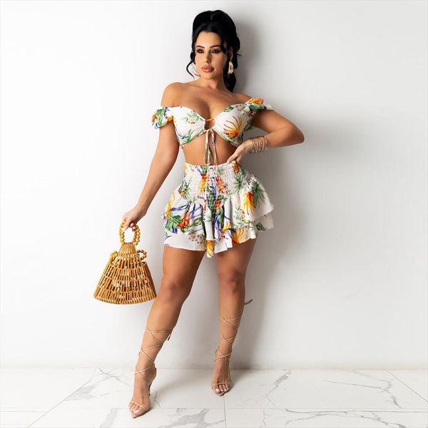 

summer floral print 2 womens tracksuits piece set clothing off shoulder beachwear crop pleated ruffles mini skirt chiffon outfit, Gray