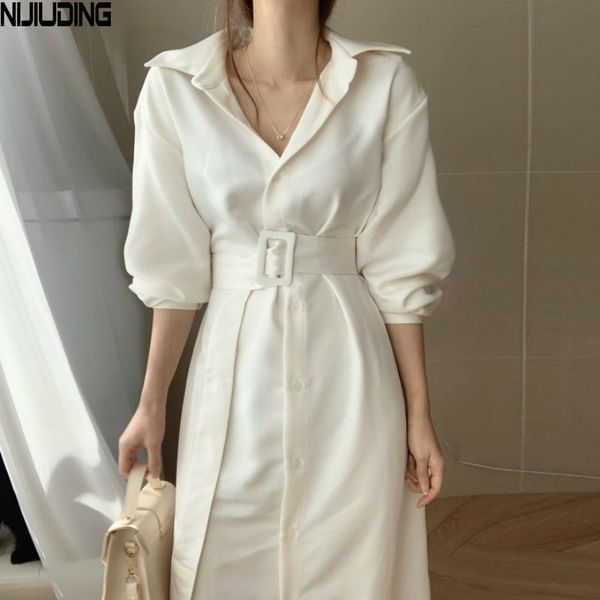

office lady single-breasted long sleeve women shirt dress autumn sashes female mid-calf dresses a-line vestidos 210514, Black;gray