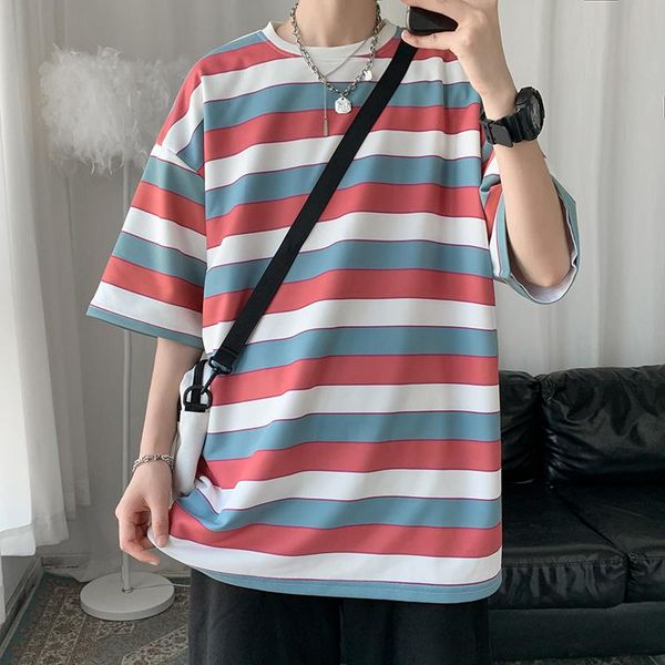 

men's t-shirts colorful striped t shirts for 2021 korean fashion trend men clothing teens oversized harajuku streetwear loose, White;black
