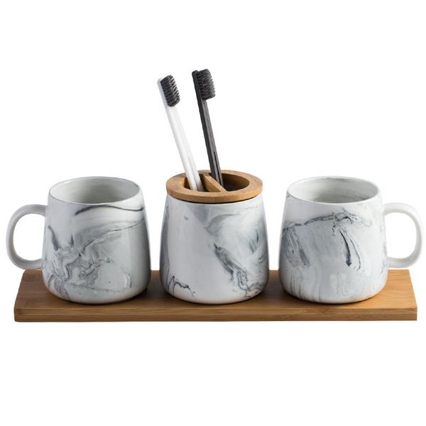 

bath accessory set imitation marble ceramics bathroom accessories kit toothbrush holder 4pcs/set with bamboo wood tray wedding gift mug cup