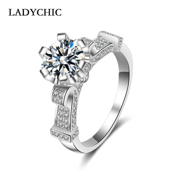 

wedding rings ladychic luxury white gold color for women, clear zircon flower shape elegance finger ring gift female jewelry lr1017, Slivery;golden
