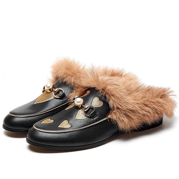 

for warm trade women autumn shoes fluffy fashion loafers pearl metal chain slippers a7mq, Black