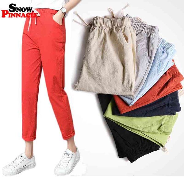 

women harem pants cotton linen spring summer ankle-length trousers casual solid girls high elastic wast soft 210524, Black;white