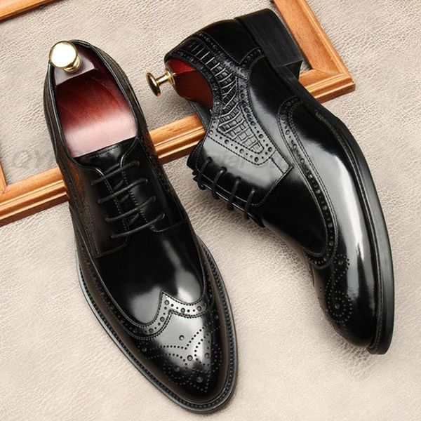 

dress shoes italian for men genuine leather fashion wedding brogue pointed toe lace up business formal black oxford 1em2