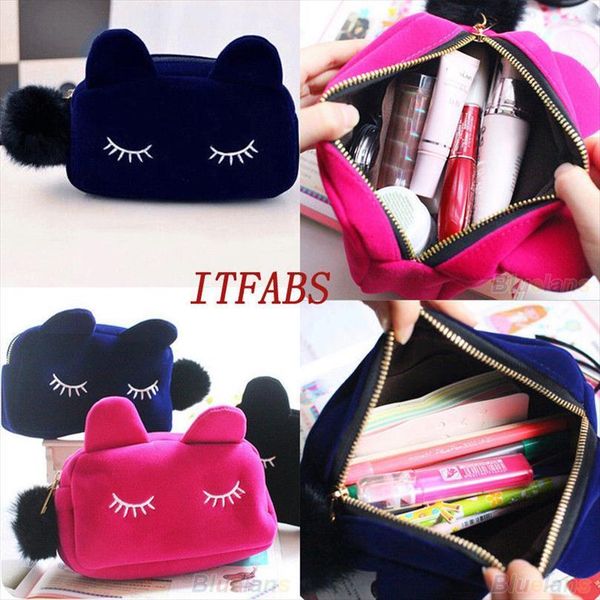 

cartoon cat black makeup case cosmetic bags box with zipper school stationery velour pouch purse travel make up bag