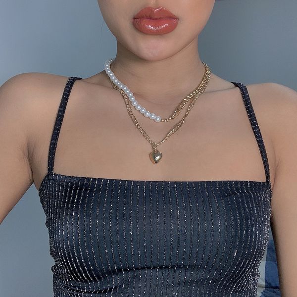 

fashion new retro alloy pearl chain splicing necklace stacked instagram clavicle chain, Silver