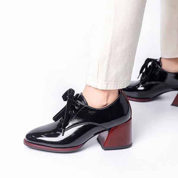 

dress shoes 2021 round toe 6cm square heels lace-up black wine red women pump casual party size 34-43 a352-810