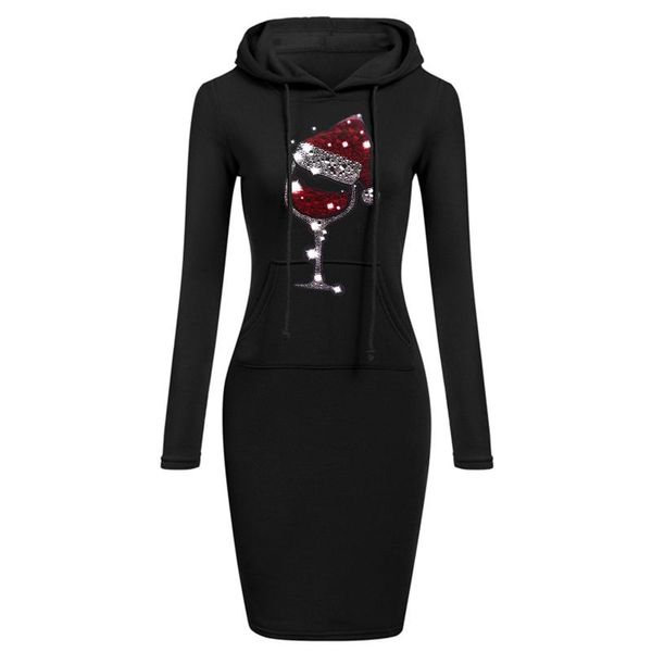 

casual dresses wine glass print christmas woman korean fashion long sleeve hooded sweatshirt dress women winter sports vestidos, Black;gray