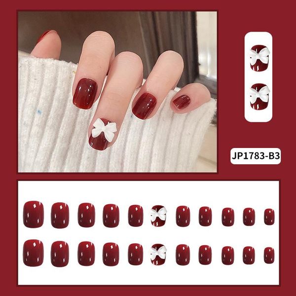 

false nails 24pcs/set fake burgundy red 3d bow wear short paragraph fashion manicure patch accessories sticker, Red;gold