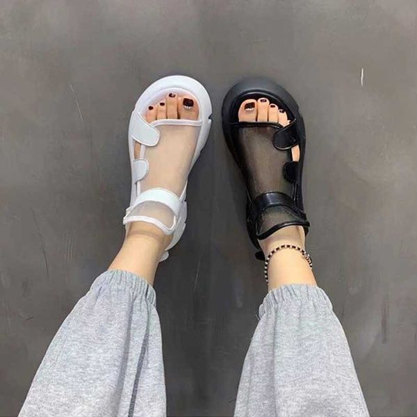 

2021 summer new sandals women fashion thick-bottomed breathable eugene yarn mesh magic paste roman sandals y0721, Black