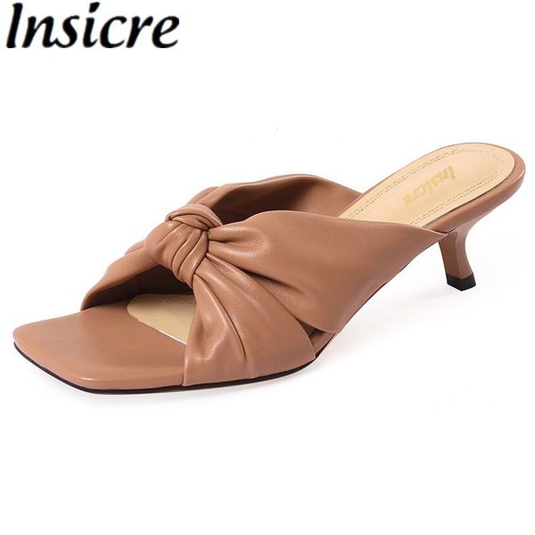 

sandals insicre elegant design women mid high heels slipper fashion square peep toe summer bowknot wedding party shoes apricot, Black