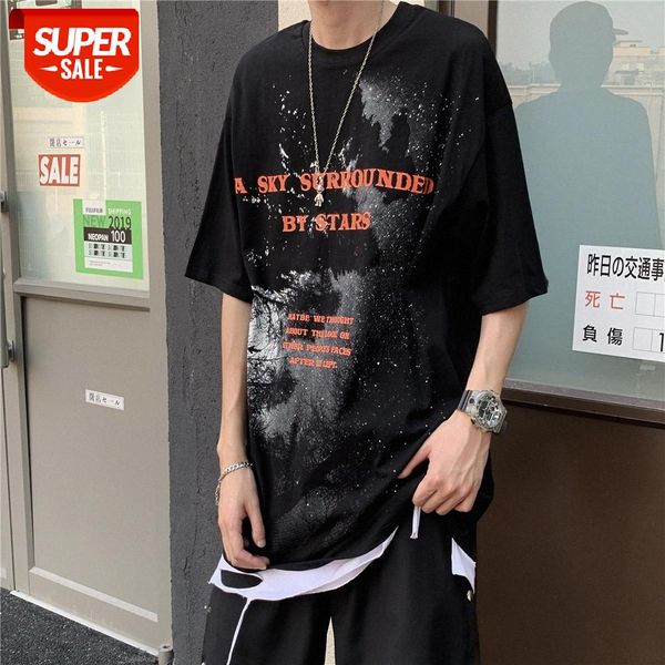 

starry sky letter printed short-sleeved t-shirt men's street loose round neck five-point sleeve half #pl0o, White;black