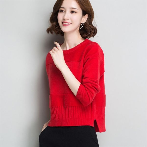 

girls round-neck knitted sweater women solid color loose pullover wild long-sleeved striped bottoming jumpers female spring 210427, White;black
