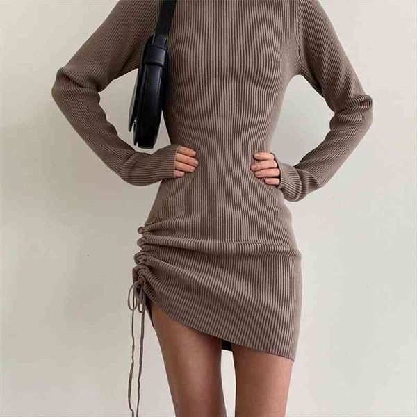 

autumn winter long sleeve knitted women dress turtleneck casual drawstring party bodycon mini sexy, Black;gray