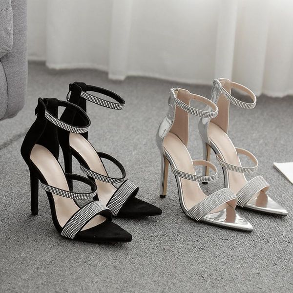 

sandals delicate crystal women's shoes wedding women heels female elegant stripper pointed toe strappy shoe ladies cwqj, Black