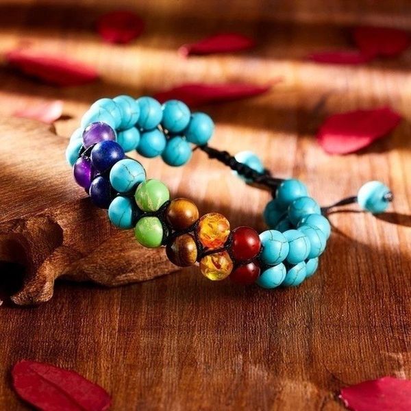 

charm bracelets 7 chakra yoga bracelet (4 colors) jewel bead double adjustable lace braided rope chain, Golden;silver