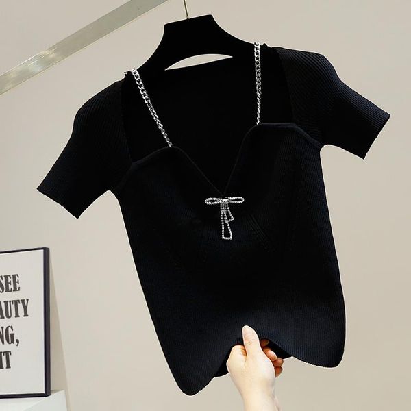 

women's t-shirt summer knitwear diamond-embedded bow metal chain low v-neck slim-fit skinny stretch knit t shirts lady chic female clot, White